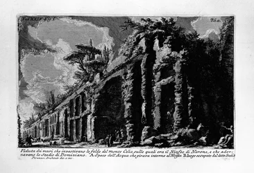 Ansicht der Mauern, die die Hänge des Monte Celio umgaben, auf denen sich das Nymphäum von Nero befand und die das Stadion von Domitian schmückten